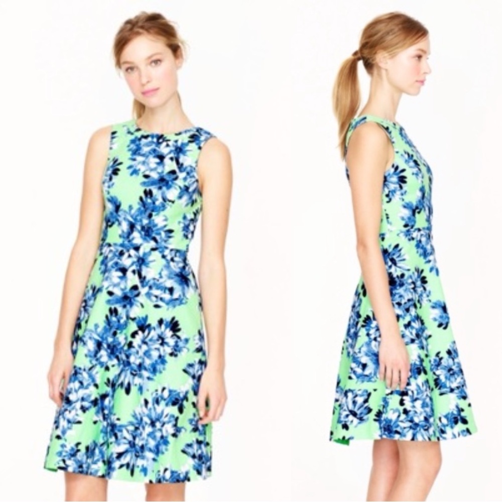 J.Crew Women’s Floral Print Green Blue Sleeveless Spring Preppy Dress size 4
